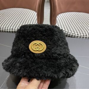 Classic Black Fluffy Bucket Hat with Gold Hardware